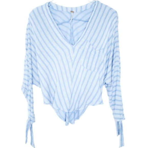 Free People Morning Solid Blue and White Striped Long Sleeve Top $68 Blue White - Picture 2 of 9